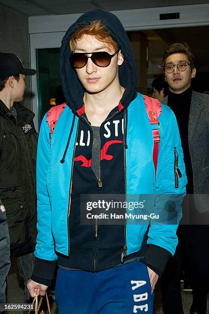 Zhoumi of boy band Super Junior M is seen upon arrival at Incheon International Airport on February 25, 2013 in Incheon, South Korea.