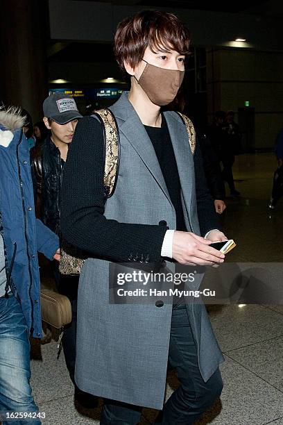 Kyuhyun of boy band Super Junior M is seen upon arrival at Incheon International Airport on February 25, 2013 in Incheon, South Korea.