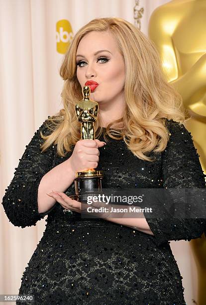 Singer Adele, winner of the Best Original Song award for "Skyfall," poses in the press room during the Oscars held at Loews Hollywood Hotel on...