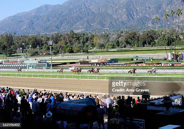 General view of the race as the horses approach the finish line at Reality TV Personality Josie Goldberg and her race horse SpoiledandEntitled's race...