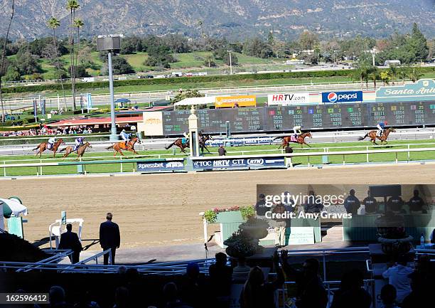 General view of the horses crossing the finish line at Reality TV Personality Josie Goldberg and her race horse SpoiledandEntitled's race at Santa...