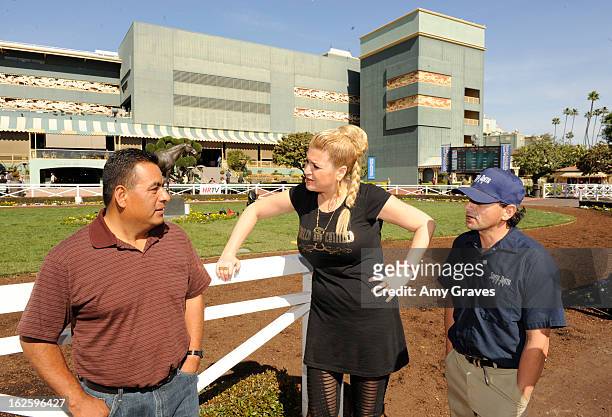 Miguel Delgado, Josie Goldberg and Ralph Castaneda attend Reality TV Personality Josie Goldberg and her race horse SpoiledandEntitled's race at Santa...