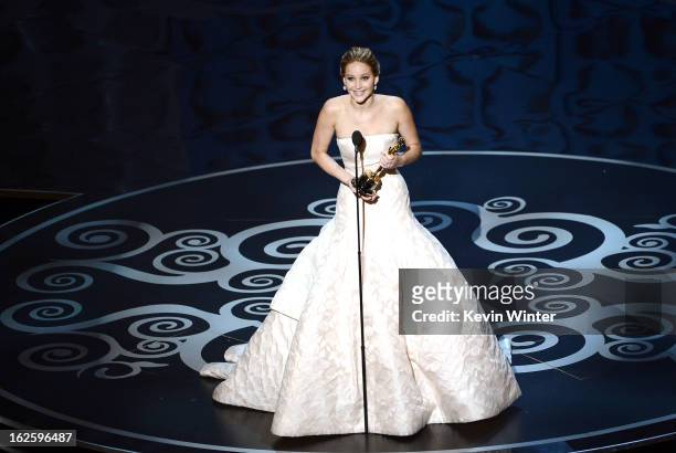 Actress Jennifer Lawrence accepts the Best Actress award for "Silver Linings Playbook" during the Oscars held at the Dolby Theatre on February 24,...