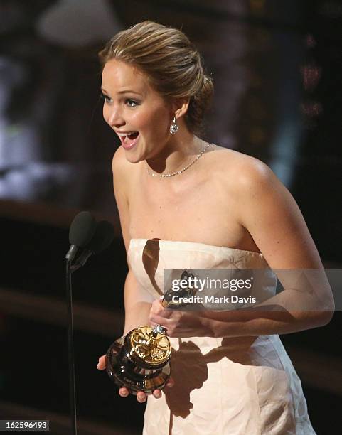 Actress Jennifer Lawrence onstage during the Oscars held at the Dolby Theatre on February 24, 2013 in Hollywood, California.