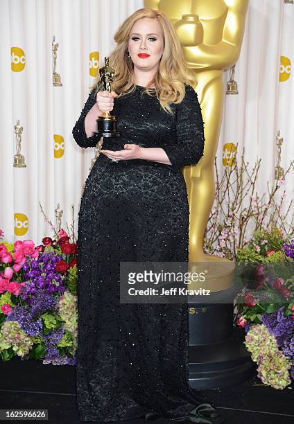 Singer Adele poses in the press room during the Oscars at Loews Hollywood Hotel on February 24, 2013 in Hollywood, California.