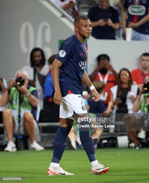 Kylian Mbappe of Paris Saint-Germain celebrates his first goal during the Ligue 1 Uber Eats match between Toulouse FC and Paris Saint-Germain at...