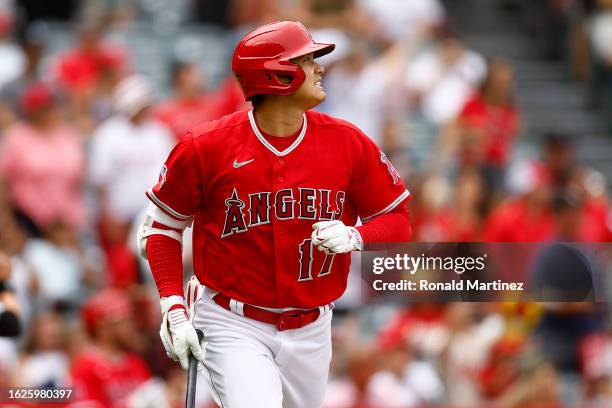 Shohei Ohtani of the Los Angeles Angels at bat against the Tampa Bay Rays in the third inning during game one of a doubleheader at Angel Stadium of...