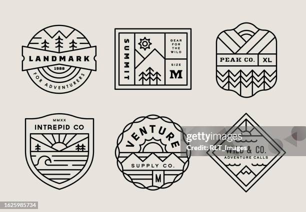 retro adventure monoline badge designs - pine tree stock illustrations