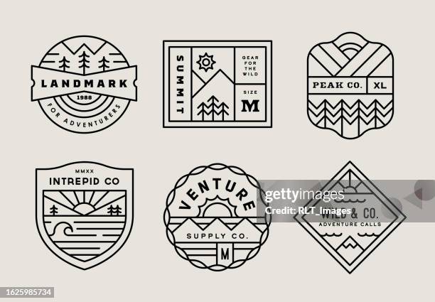 retro adventure monoline badge designs - wilderness badge stock illustrations