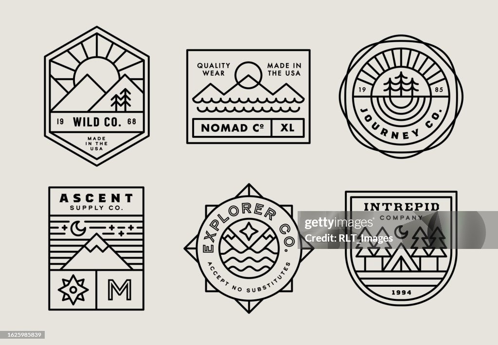 レトロな冒険モノラインバッジデザイン