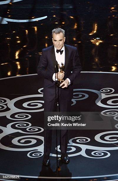 Actor Daniel Day-Lewis accepts the Best Actor award for "Lincoln" onstage during the Oscars held at the Dolby Theatre on February 24, 2013 in...
