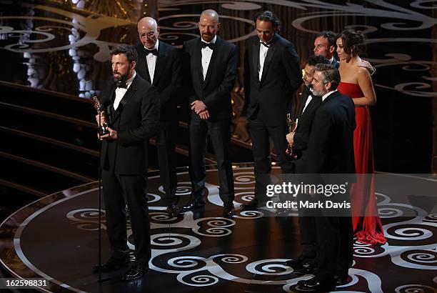 Actor/producer/director Ben Affleck and producer Grant Heslov along with members of the cast and crew accept the Best Picture award for 'Argo'...