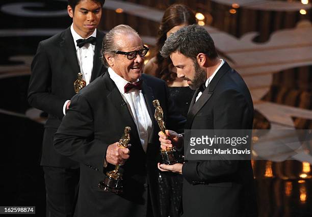 Actor/producer/director Ben Affleck accepts the Best Picture award for 'Argo' from presenter Jack Nicholson onstage onstage during the Oscars held at...