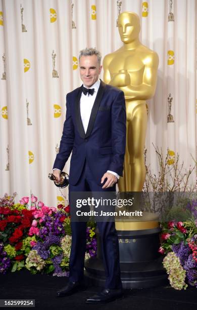 Actor Daniel Day-Lewis, winner of the Best Actor award for "Lincoln," poses in the press room during the Oscars held at Loews Hollywood Hotel on...