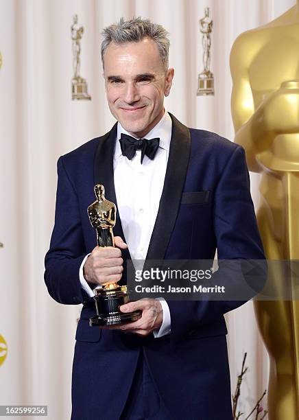 Actor Daniel Day-Lewis, winner of the Best Actor award for "Lincoln," poses in the press room during the Oscars held at Loews Hollywood Hotel on...