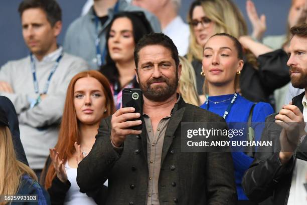 Scottish actor Gerard Butler is seen in the stands during the pre-2023 World Cup warm-up rugby union match between Scotland and Georgia at...