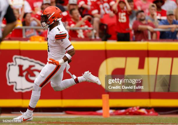 Juan Thornhill of the Cleveland Browns celebrates a first quarter interception and touchdown during the first quarter of a preseason game against the...