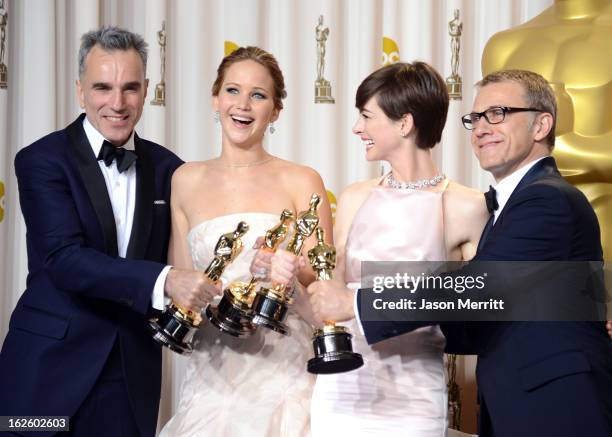 Actors Daniel Day-Lewis, winner of the Best Actor award for "Lincoln;" Jennifer Lawrence, winner of the Best Actress award for "Silver Linings...