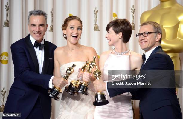 Actors Daniel Day-Lewis, winner of the Best Actor award for "Lincoln;" Jennifer Lawrence, winner of the Best Actress award for "Silver Linings...