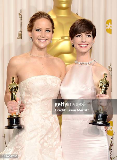 Actresses Jennifer Lawrence , winner of the Best Actress award for "Silver Linings Playbook," and Anne Hathaway, winner of the Best Supporting...