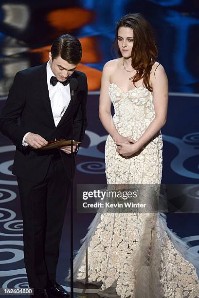Actor Daniel Radcliffe and actress Kristen Stewart present onstage during the Oscars held at the Dolby Theatre on February 24, 2013 in Hollywood,...