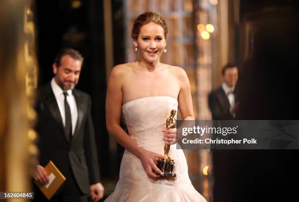 Jennifer Lawrence onstage after winning the award for Actress in a Leading Role during the Oscars held at the Dolby Theatre on February 24, 2013 in...