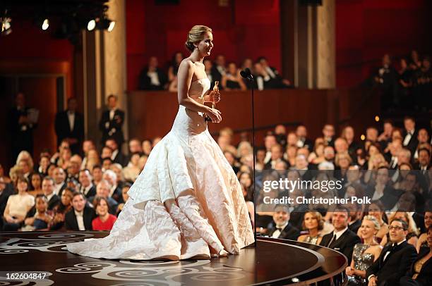 Jennifer Lawrence onstage after winning the award for Actress in a Leading Role during the Oscars held at the Dolby Theatre on February 24, 2013 in...