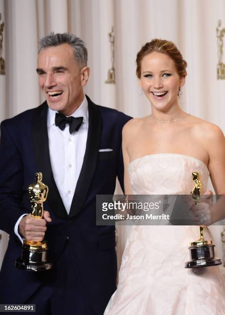 Actors Daniel Day-Lewis, winner of the Best Actor award for "Lincoln," and Jennifer Lawrence, winner of the Best Actress award for "Silver Linings...