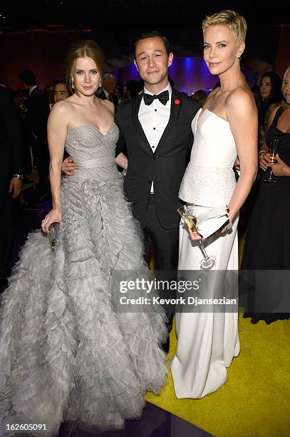 Actors Amy Adams, Joseph Gordon-Levitt and Charlize Theron attend the Oscars Governors Ball at Hollywood & Highland Center on February 24, 2013 in...