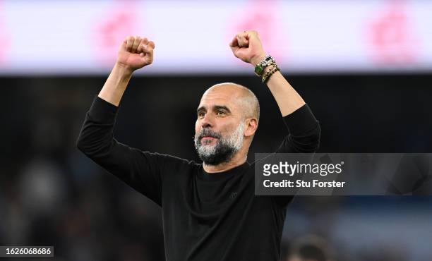 Manchester City head coach Pep Guardiola celebrates after the Premier League match between Manchester City and Newcastle United at Etihad Stadium on...
