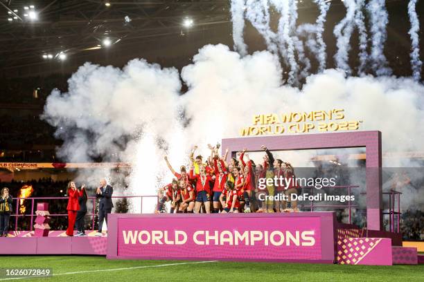 The players of the spanish womens national team celebrate on stage during the FIFA Women's World Cup Australia & New Zealand 2023 Final match between...