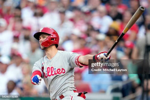 Trea Turner of the Philadelphia Phillies hits his the second of two sol home runs in the eight inning during a baseball game against the Washington...