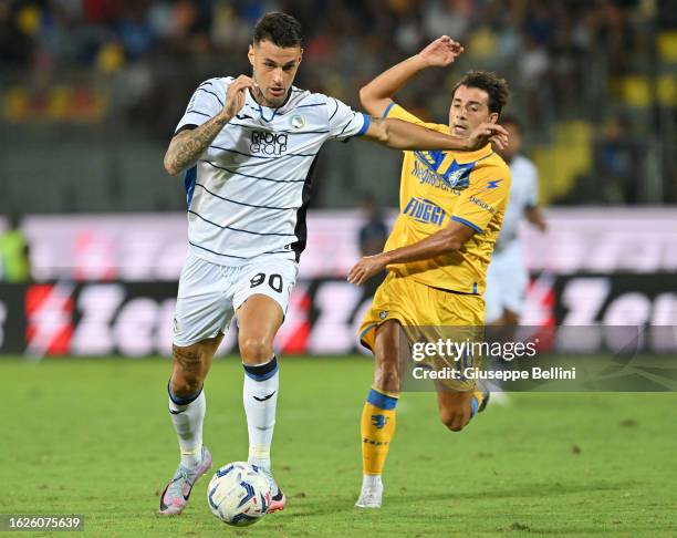 Gianluca Scamacca of Atalanta BC and Luca Garritano of Frosinone Calcio in action during the Serie A TIM match between Frosinone Calcio and Atalanta...