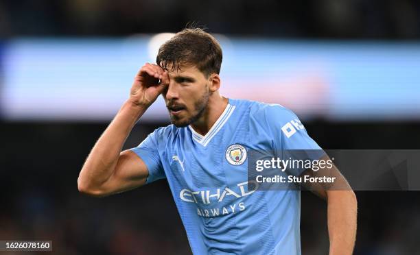 Manchester City player Ruben Dias celebrates after the Premier League match between Manchester City and Newcastle United at Etihad Stadium on August...