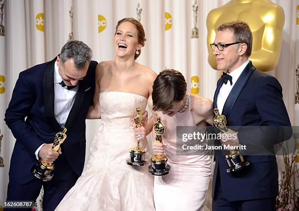 Actors Daniel Day-Lewis, winner of the Best Actor award for "Lincoln;" Jennifer Lawrence, winner of the Best Actress award for "Silver Linings...