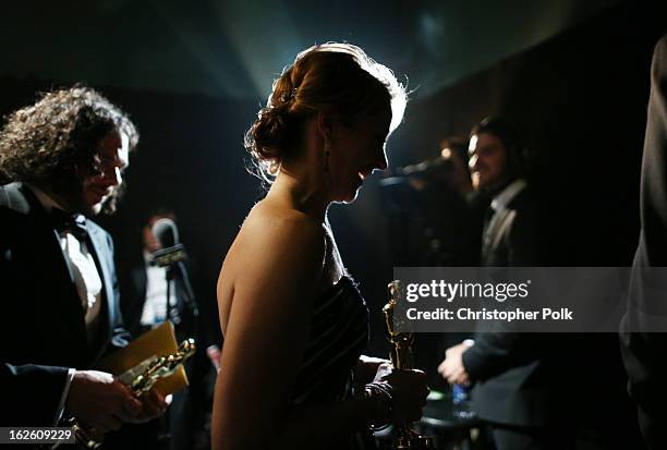 Filmmakers Sean Fine and Andrea Nix Fine, winners of the Best Documentary  Short Subject award for "Inocente," backstage during the Oscars held at...