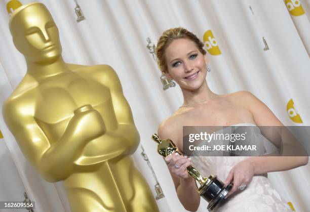 Jennifer Lawrence holds the trophy for Best Actress in the press room during the 85th Annual Academy Awards on February 24, 2013 in Hollywood,...