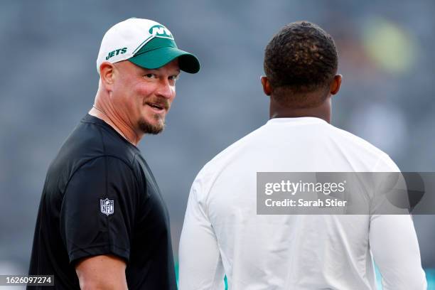 Offensive coordinator Nathaniel Hackett of the New York Jets looks on during warmups during the first half of a preseason game against the Tampa Bay...