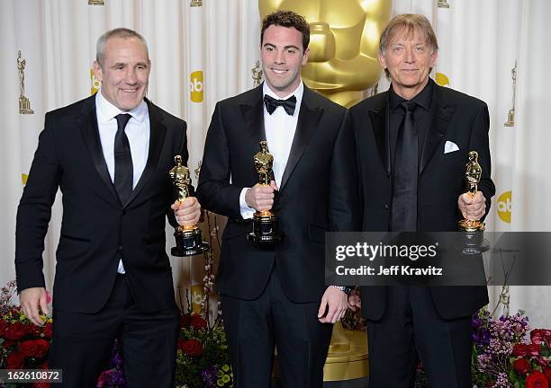 Sound mixers Simon Hayes, Mark Paterson, and Andy Nelson pose in the press room during the Oscars at Loews Hollywood Hotel on February 24, 2013 in...