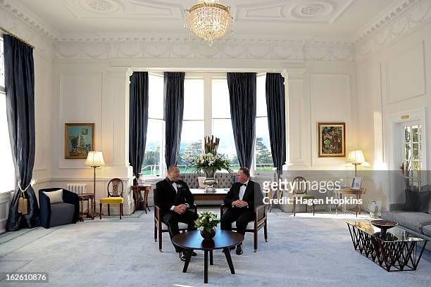 King Tupou VI meets Prime Minister John Key prior to a State Dinner at Government House on February 25, 2013 in Wellington, New Zealand. The King of...