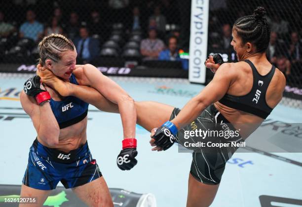 Natalia Silva of Brazil kicks Andrea Lee in a flyweight fight during the UFC 292 event at TD Garden on August 19, 2023 in Boston, Massachusetts.