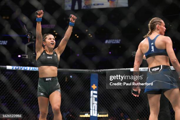 Natalia Silva celebrates after defeating Andrea Lee during their Flyweight bout at UFC 292 at TD Garden on August 19, 2023 in Boston, Massachusetts.