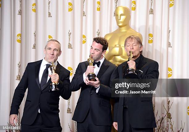 Sound engineers Simon Hayes, Mark Paterson and Andy Nelson, winners of the Best Sound Mixing award for 'Les Miserables,' pose in the press room...