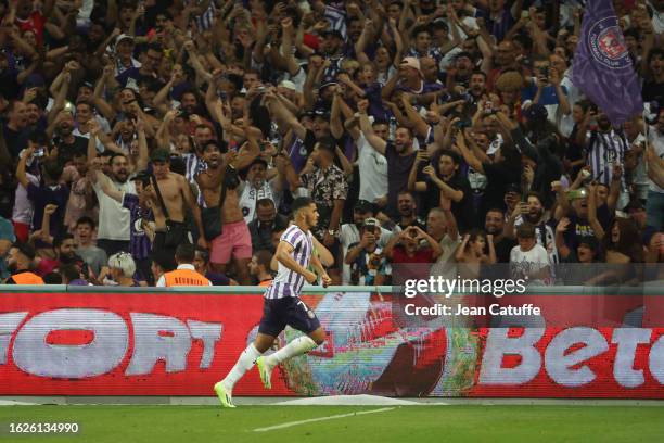 Zakaria Aboukhlal of Toulouse celebrates his goal during the Ligue 1 Uber Eats match between Toulouse FC and Paris Saint-Germain at Stadium de...