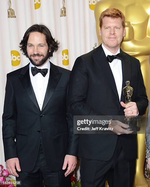 Actor Paul Rudd and animator John Kahrs pose in the press room during the Oscars at Loews Hollywood Hotel on February 24, 2013 in Hollywood,...