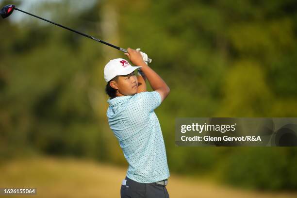 Team Great Britain and Ireland player Kris Kim tees off on the 1st Hole on Day Two of the The Jacques Leglise Trophy at Golf de Chantilly on August...