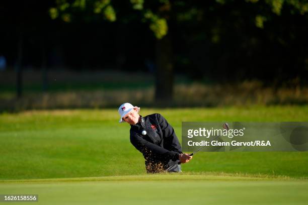 Team Great Britain and Ireland player Hugh Adams gets out of the bunker on the 6th Hole on Day Two of the The Jacques Leglise Trophy at Golf de...