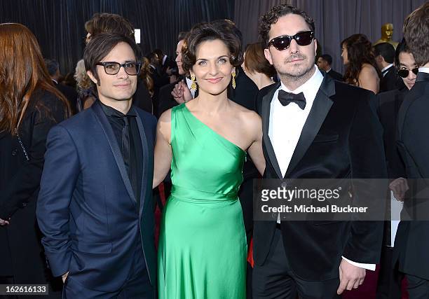Actor Gael Garcia Bernal, Antonia Zegers and director Pablo Larraín Matte arrive at the Oscars at Hollywood & Highland Center on February 24, 2013 in...