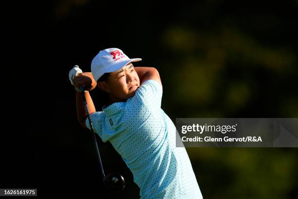 Team Great Britain and Ireland player Kris Kim tees off on the 5th hole on Day Two of the The Jacques Leglise Trophy at Golf de Chantilly on August...