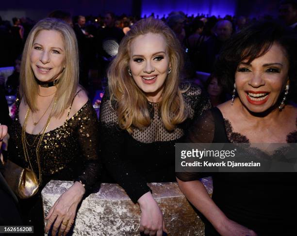 Singers Barbra Streisand, Adele, winner of the Best Original Song award for 'Skyfall,' and Shirley Bassey attend the Oscars Governors Ball at...